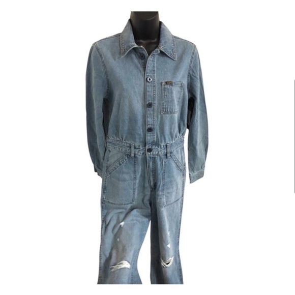 Lee's union-alls distressed blue jeans Cover-alls long sleeve collared jumpsuit - Picture 2 of 9